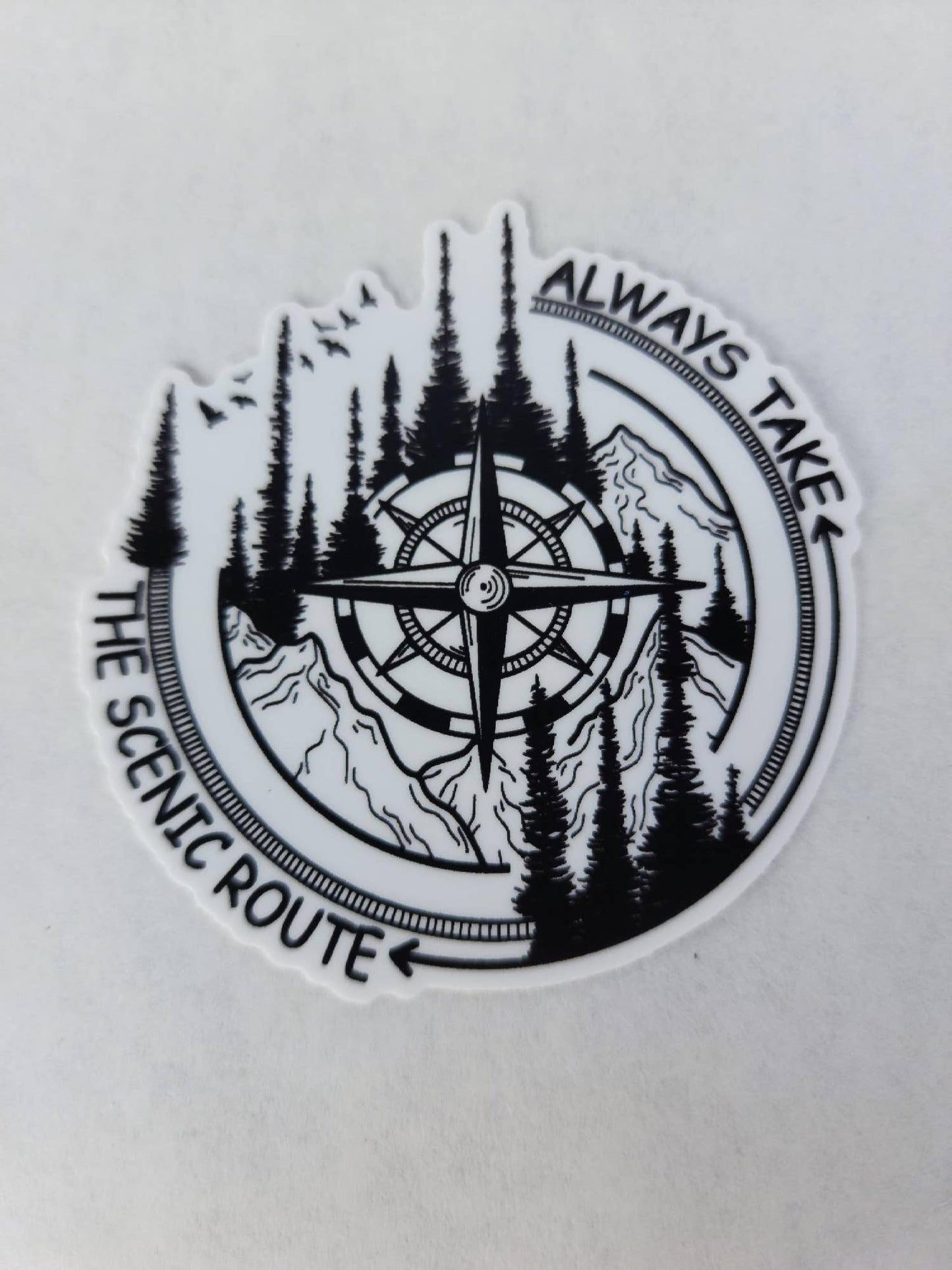 Always Take the Scenic Route" Compass and Trees Sticker