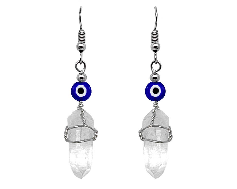 Evil Eye Bead Wire Wrapped Quartz Crystal Dangle Earrings