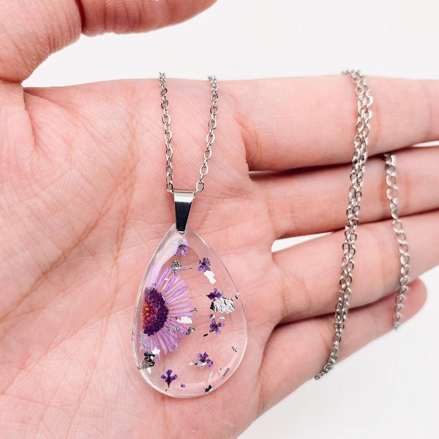Purple Chrysanthemum Dried Flower Pendant Necklace - PDF