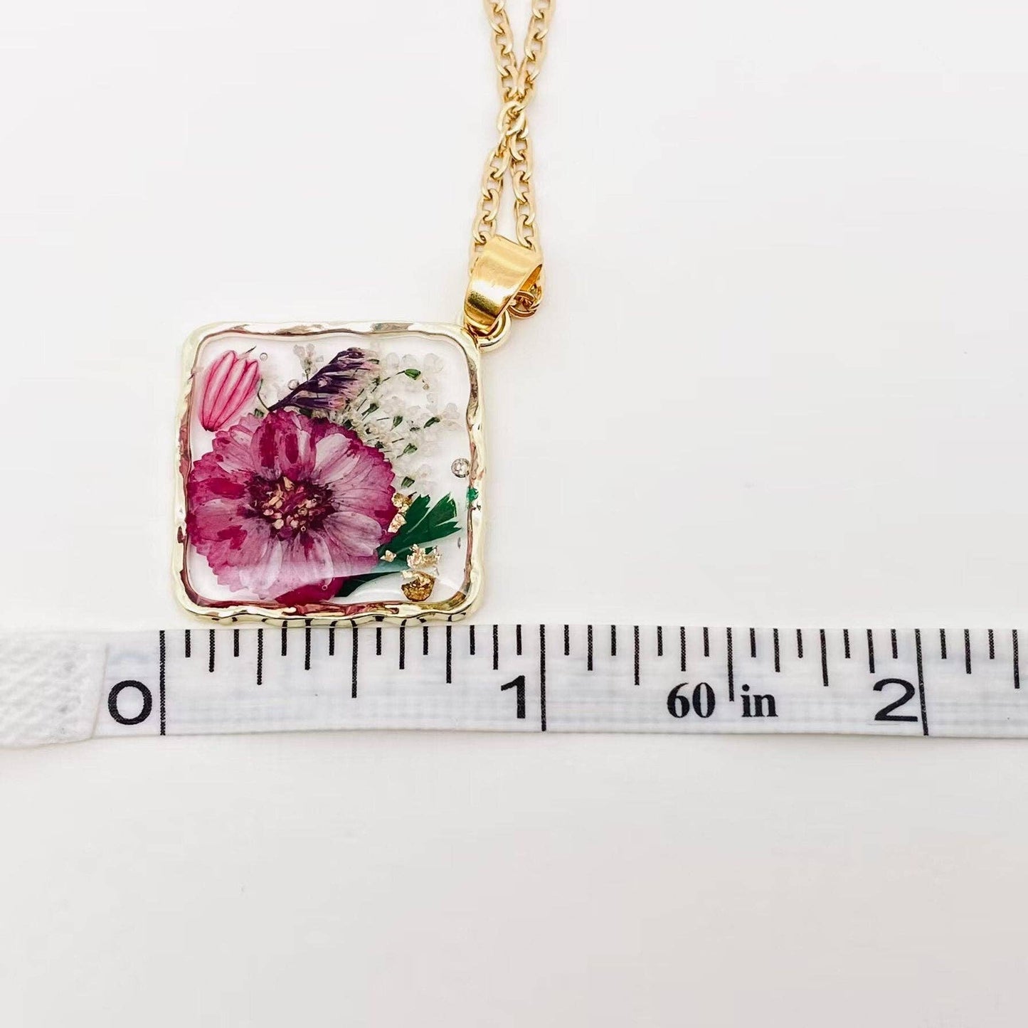 Floral Square Pendant Pressed Dried Flowers Necklace - PDF