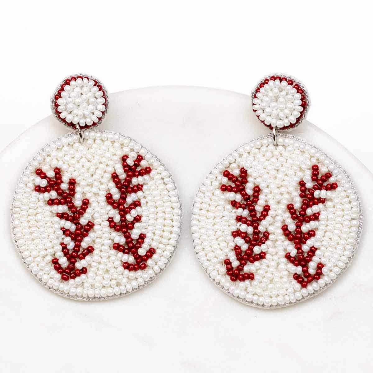 Baseball Beaded Earrings White/Red 2.5"