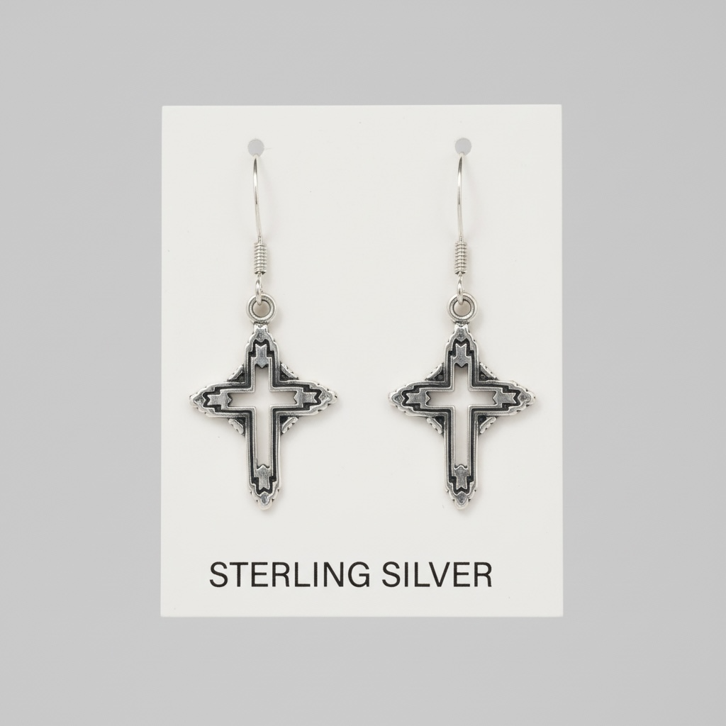 Sterling Silver Open Lattice Cross Earrings