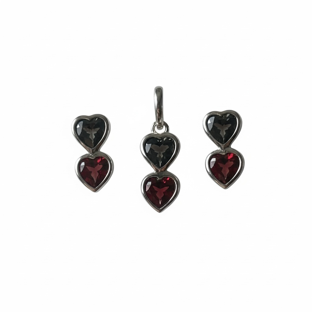 Double Heart Garnet Jewelry Set | Sterling Silver Pendant & Earrings