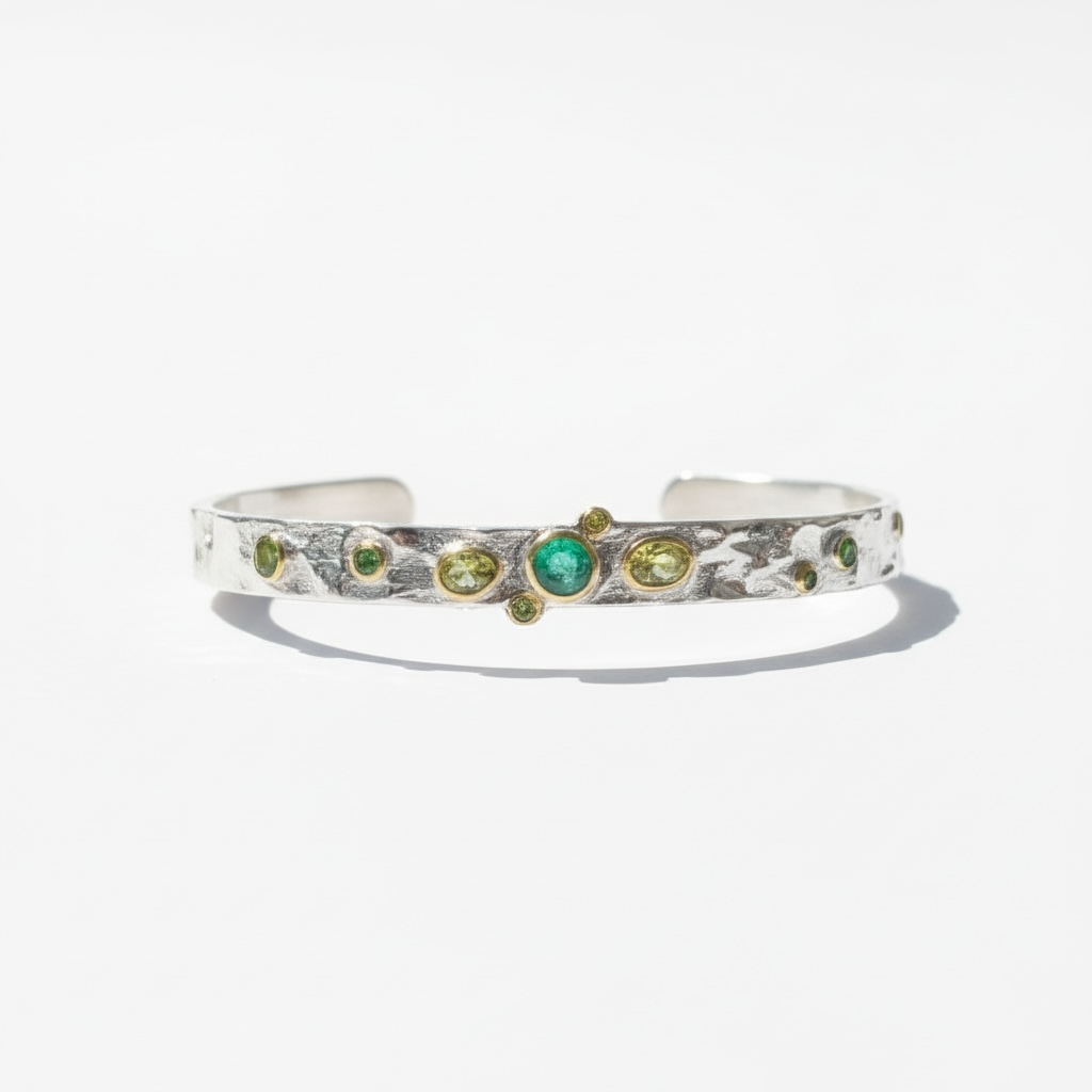 Emerald & Peridot Designer Bangle | Sterling Silver with Rhodium & Yellow Gold Accents