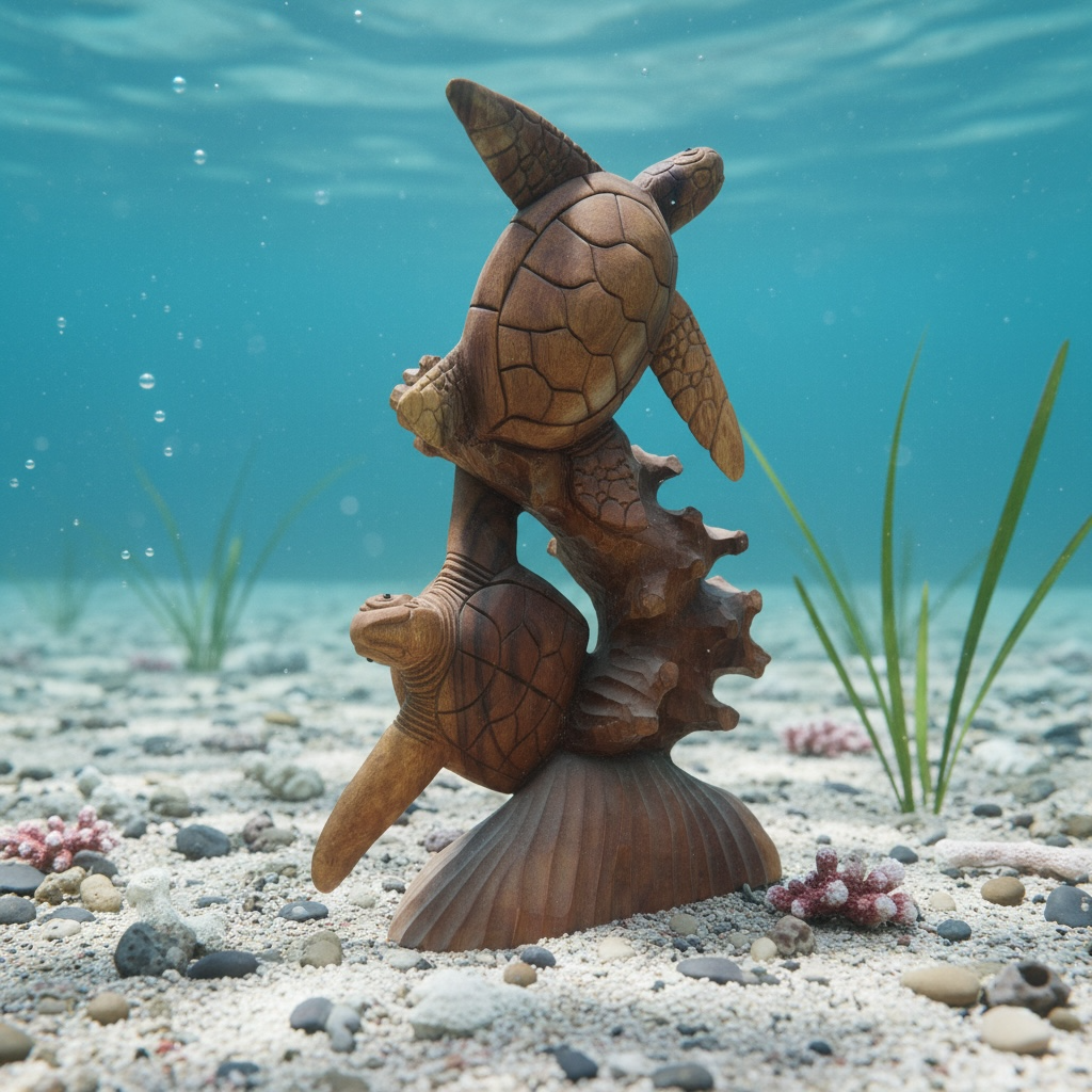 Hand-Carved Wooden Sea Turtle Sculpture