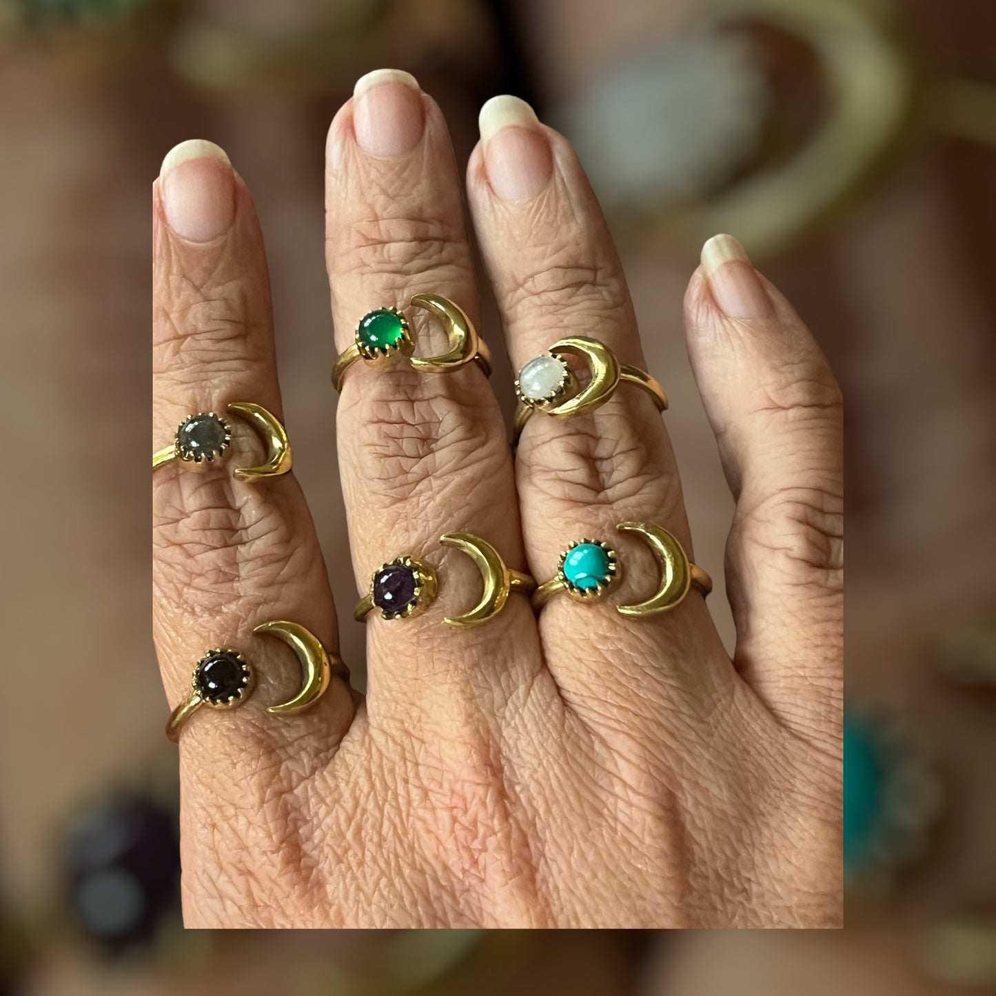 Gemstone Sun and Crescent Moon Ring