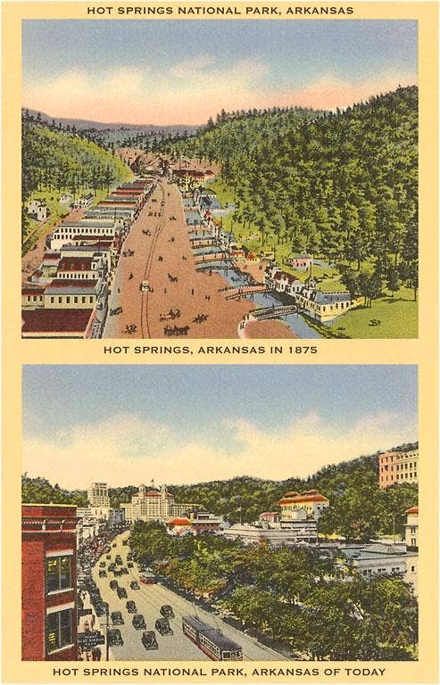 AR-44 Two Views of Hot Springs 1875 Today - Vintage Image, Magnet