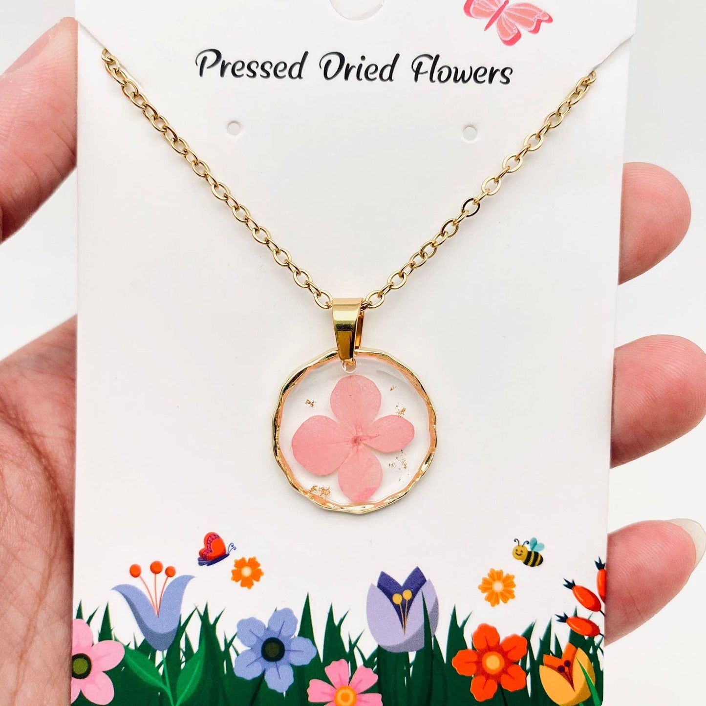 Dried Flowers Floral Irregular Round Pendant Necklace - PDF