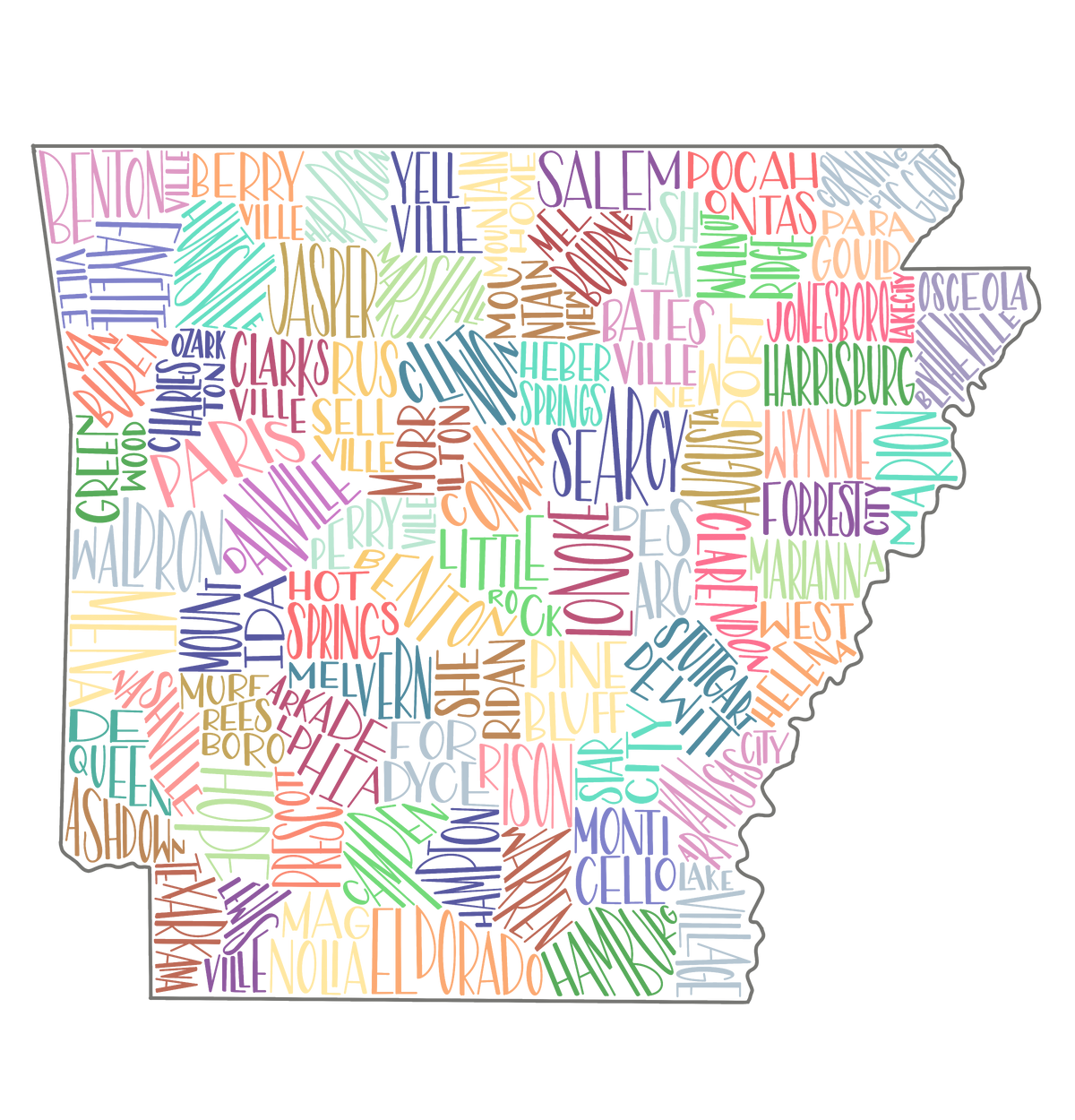 Hand lettered Arkansas Cities, Vinyl Sticker, 3x3 in.