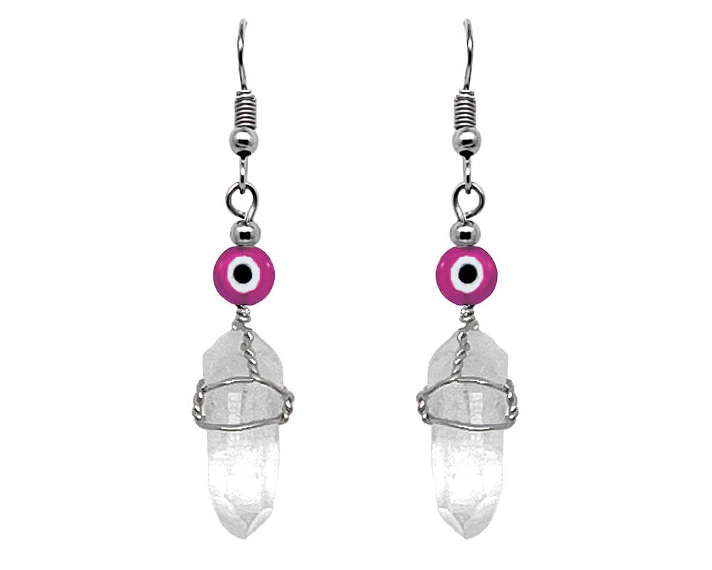 Evil Eye Bead Wire Wrapped Quartz Crystal Dangle Earrings