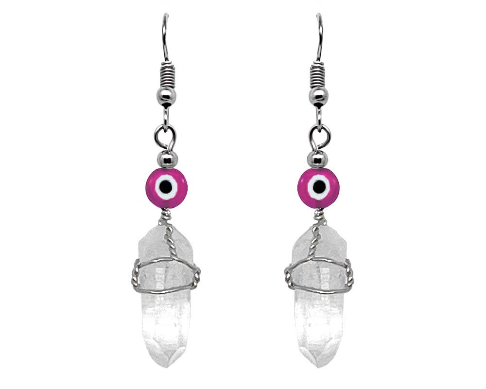 Evil Eye Bead Wire Wrapped Quartz Crystal Dangle Earrings