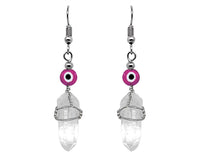 Evil Eye Bead Wire Wrapped Quartz Crystal Dangle Earrings