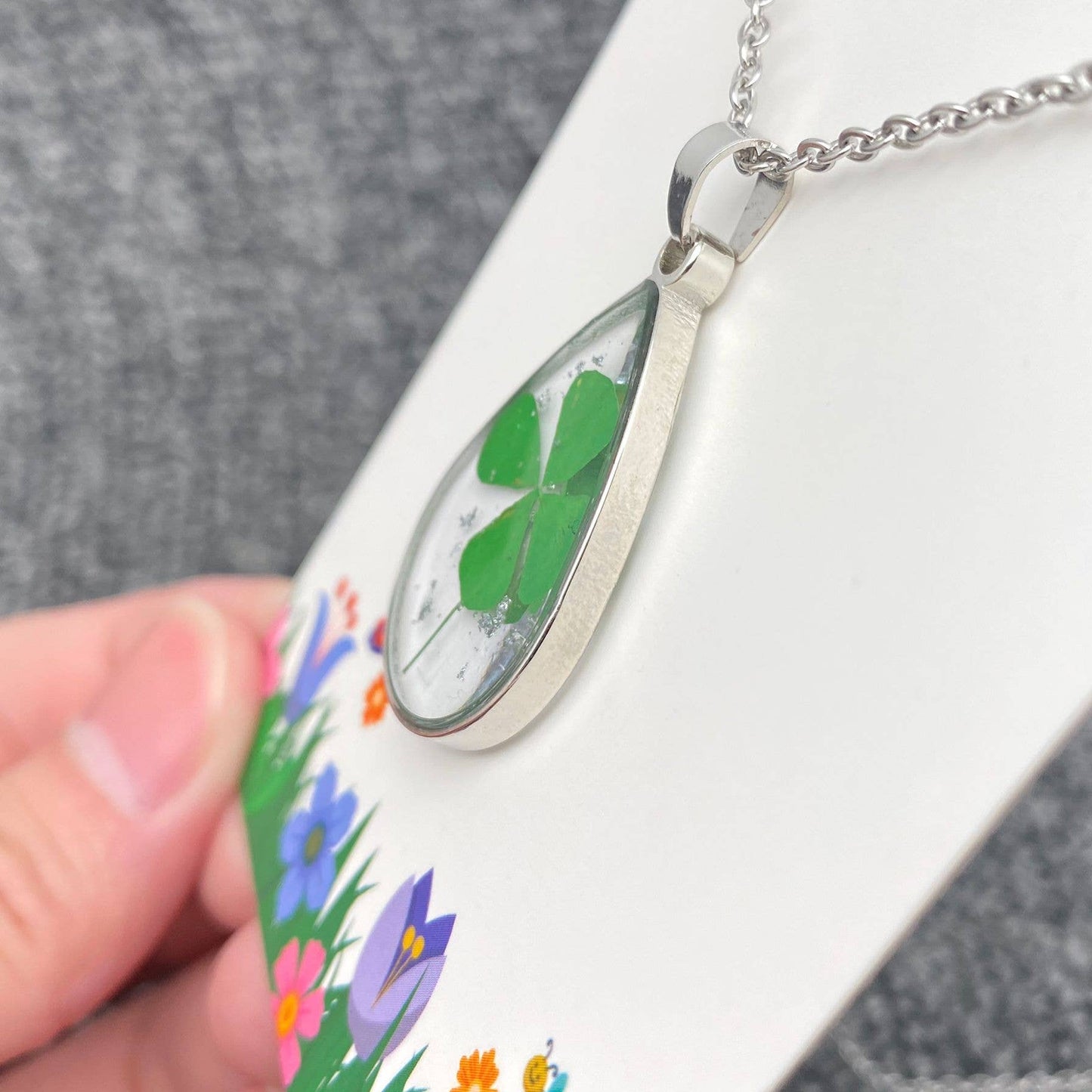 Four Leaf Clover Drop Charm Stainless Steel Necklace - PDF
