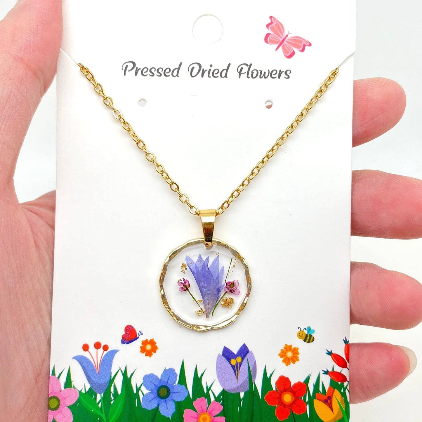 Dried Flowers Floral Irregular Round Pendant Necklace - PDF