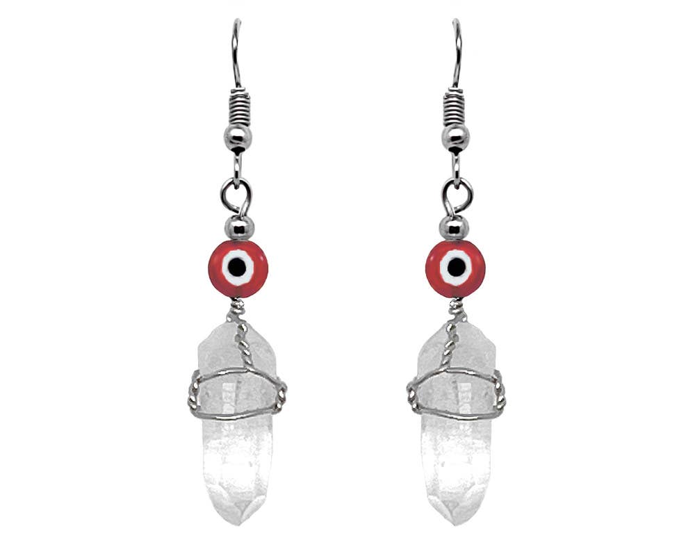 Evil Eye Bead Wire Wrapped Quartz Crystal Dangle Earrings