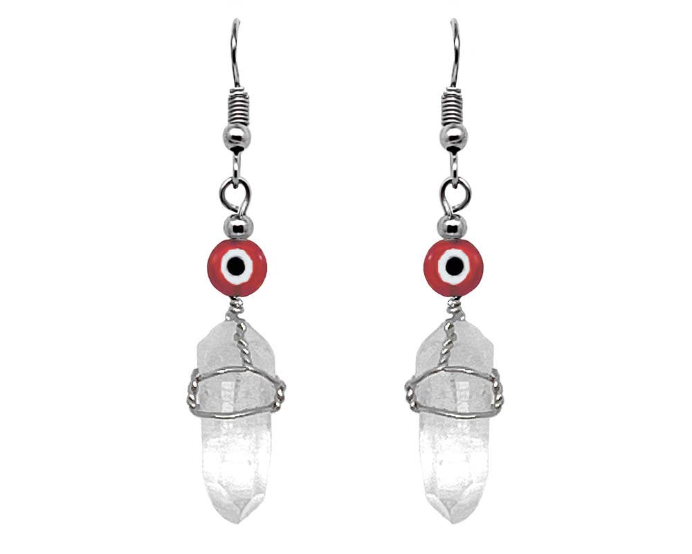 Evil Eye Bead Wire Wrapped Quartz Crystal Dangle Earrings
