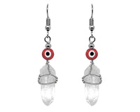 Evil Eye Bead Wire Wrapped Quartz Crystal Dangle Earrings