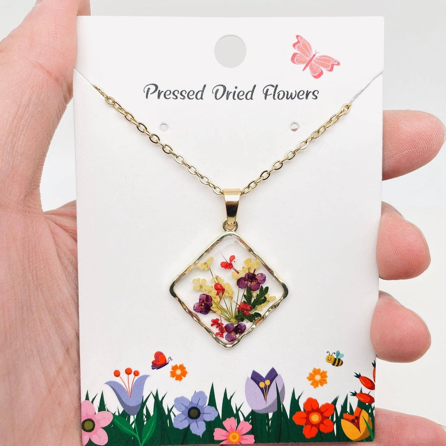Floral Square Pendant Pressed Dried Flowers Necklace - PDF