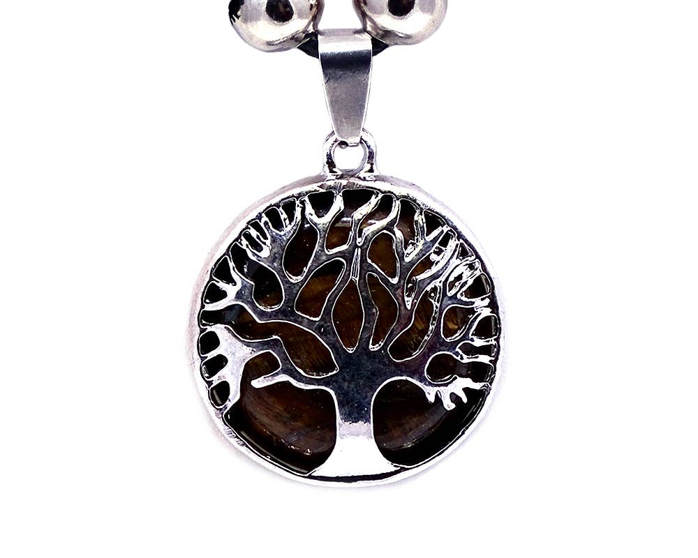 Round Metal Tree of Life Stone Pendant Adjustable Necklace