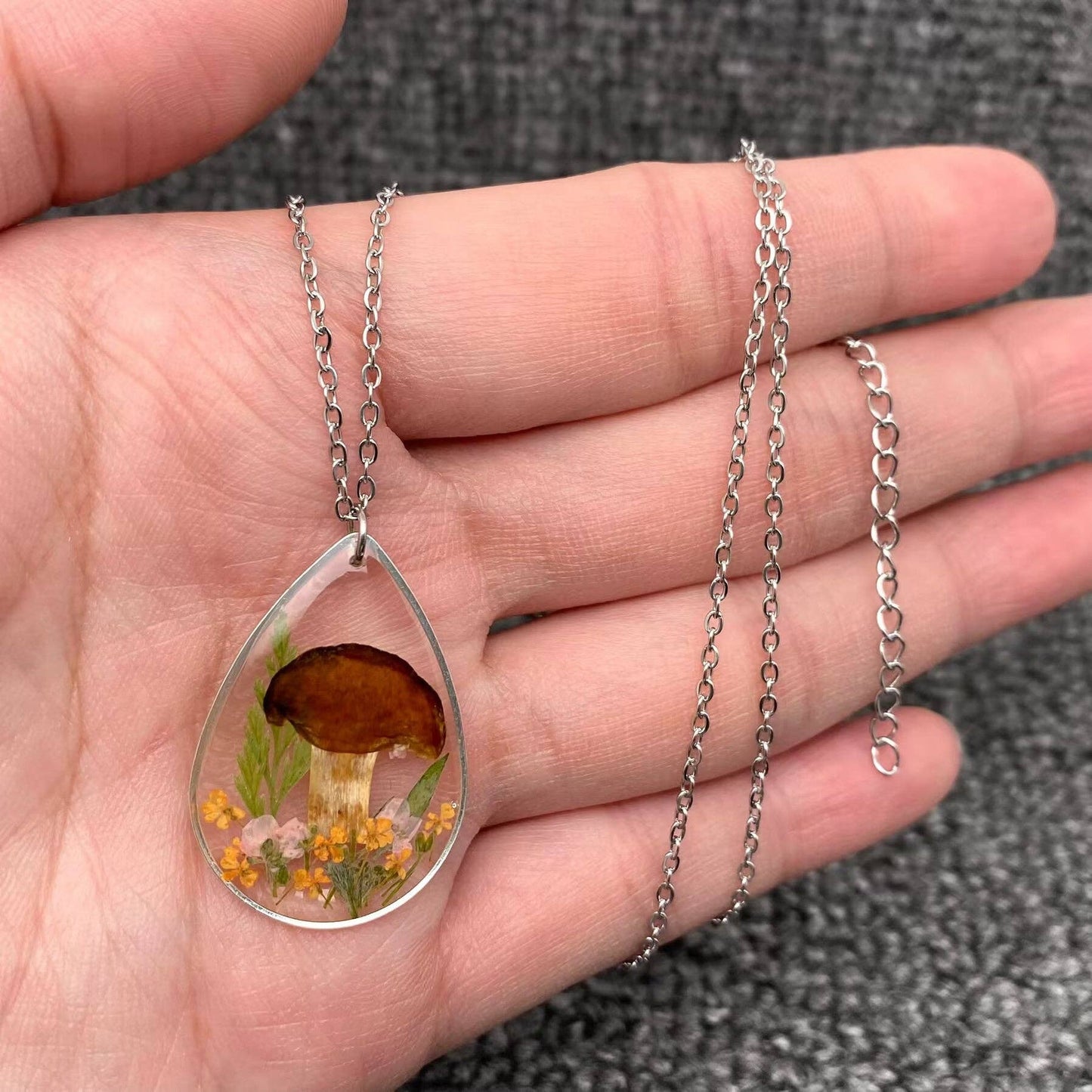 Dried Flower Mushroom Drop Charm Necklace - PDF