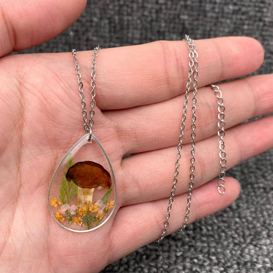 Dried Flower Mushroom Drop Charm Necklace - PDF