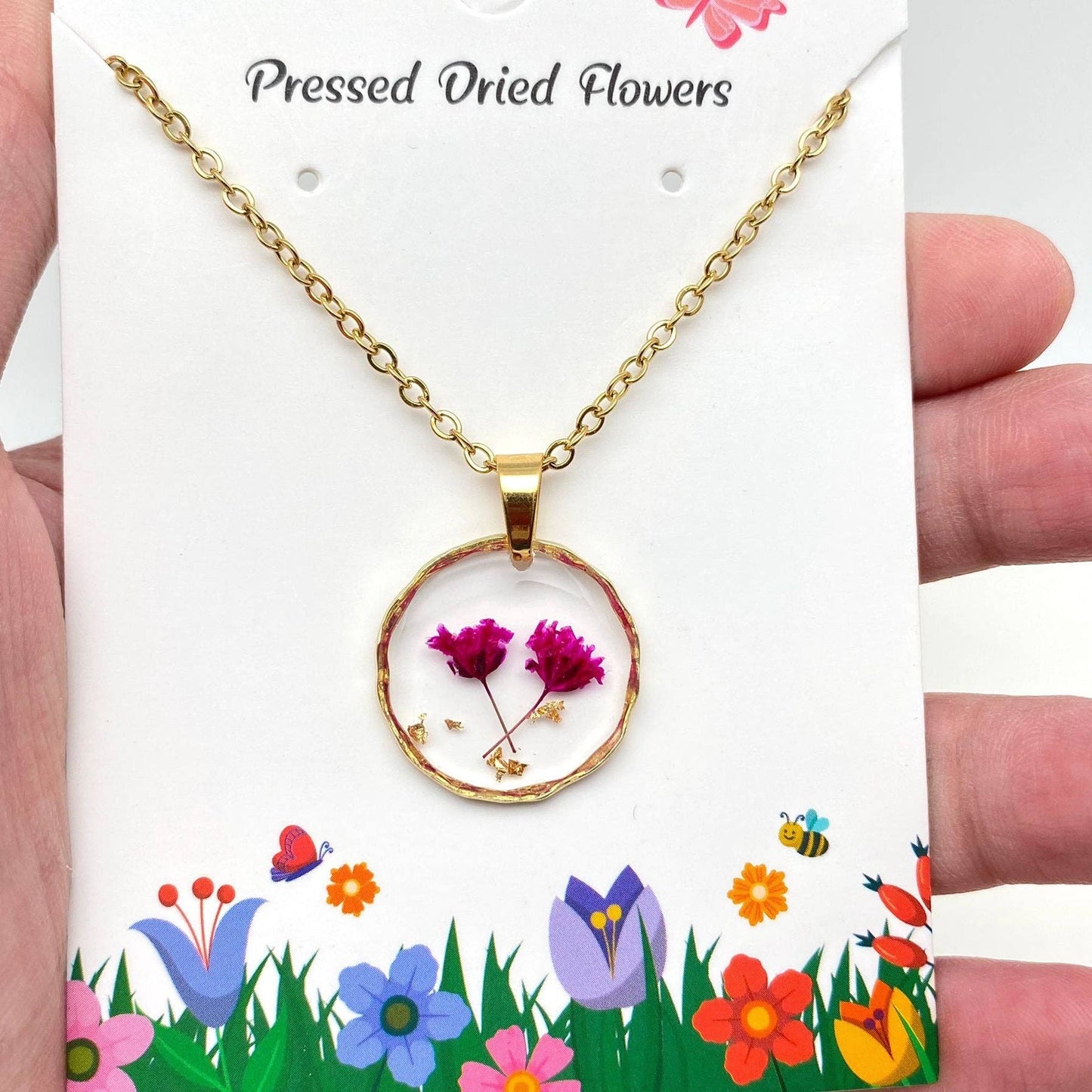 Dried Flowers Floral Irregular Round Pendant Necklace - PDF