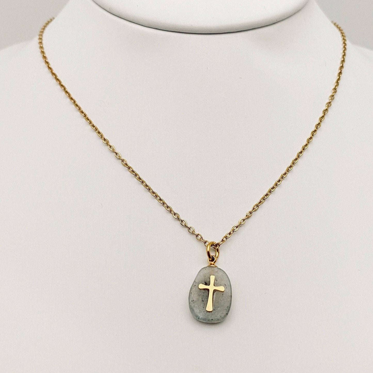 Natural Stone Stainless Steel Cross Pendant Necklace - CS