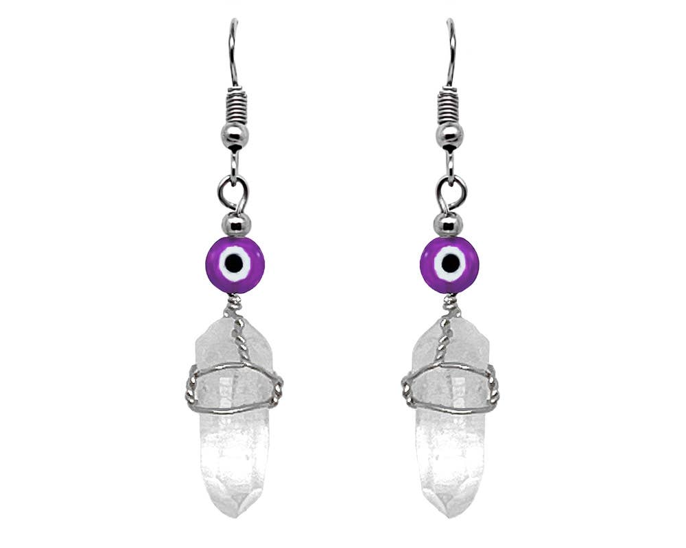 Evil Eye Bead Wire Wrapped Quartz Crystal Dangle Earrings