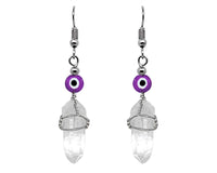 Evil Eye Bead Wire Wrapped Quartz Crystal Dangle Earrings