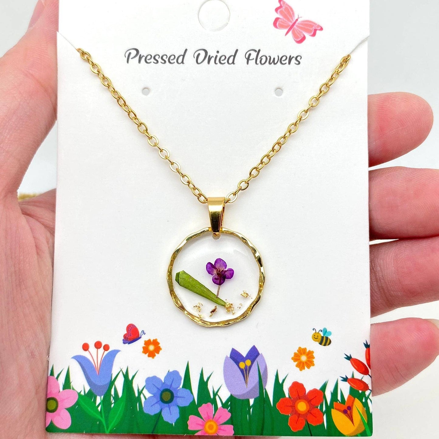 Dried Flowers Floral Irregular Round Pendant Necklace - PDF