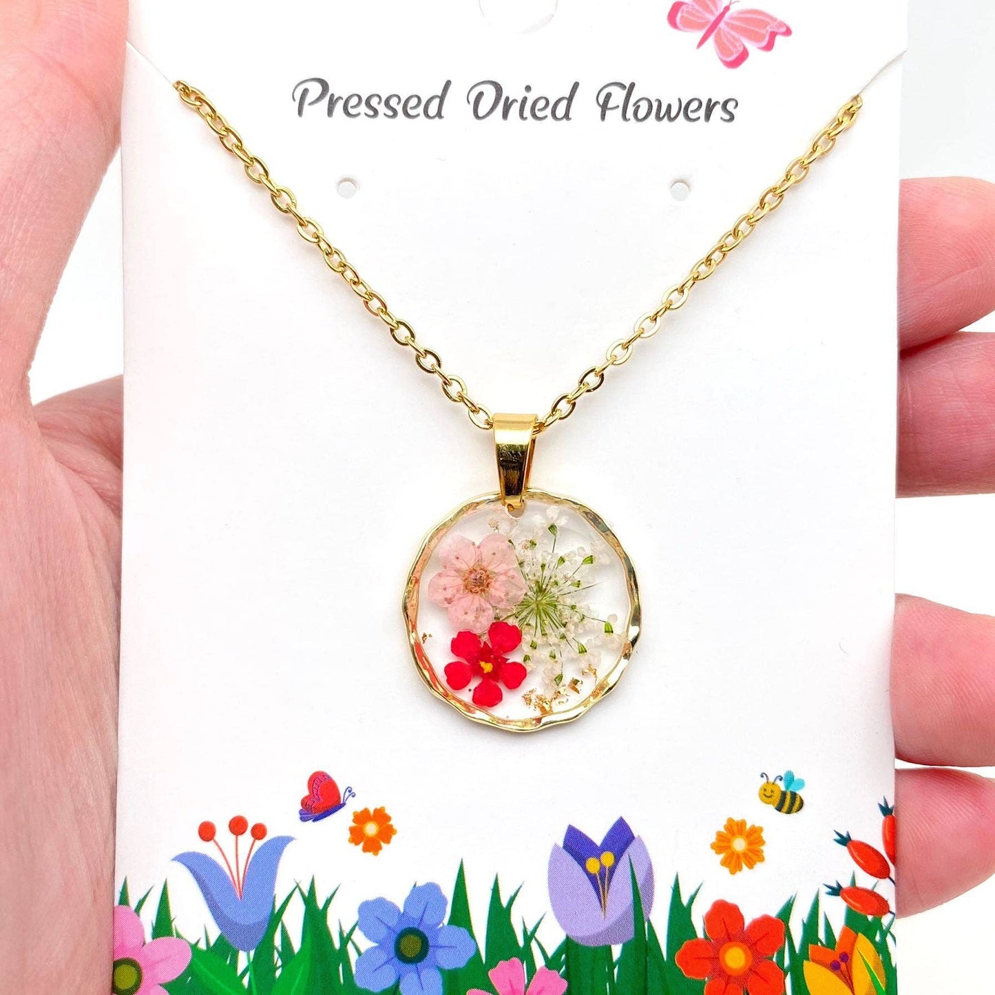 Dried Flowers Floral Irregular Round Pendant Necklace - PDF