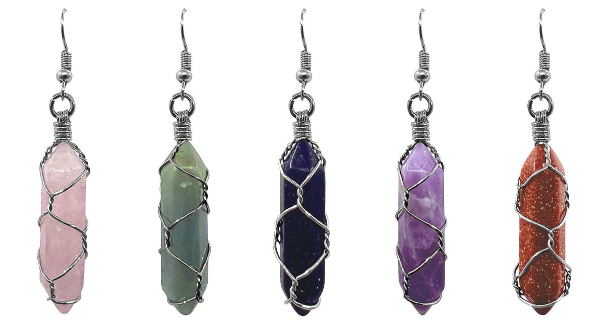 Full Wire Wrapped Hexagonal Stone Point Dangle Earrings