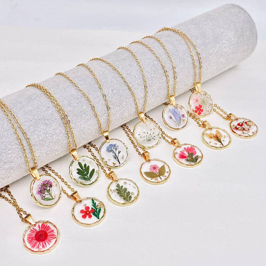 Dried Flowers Floral Irregular Round Pendant Necklace - PDF