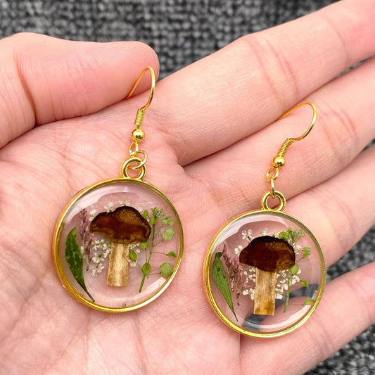 Dried Flowers & Mushroom Round Dangle Earrings - PDF