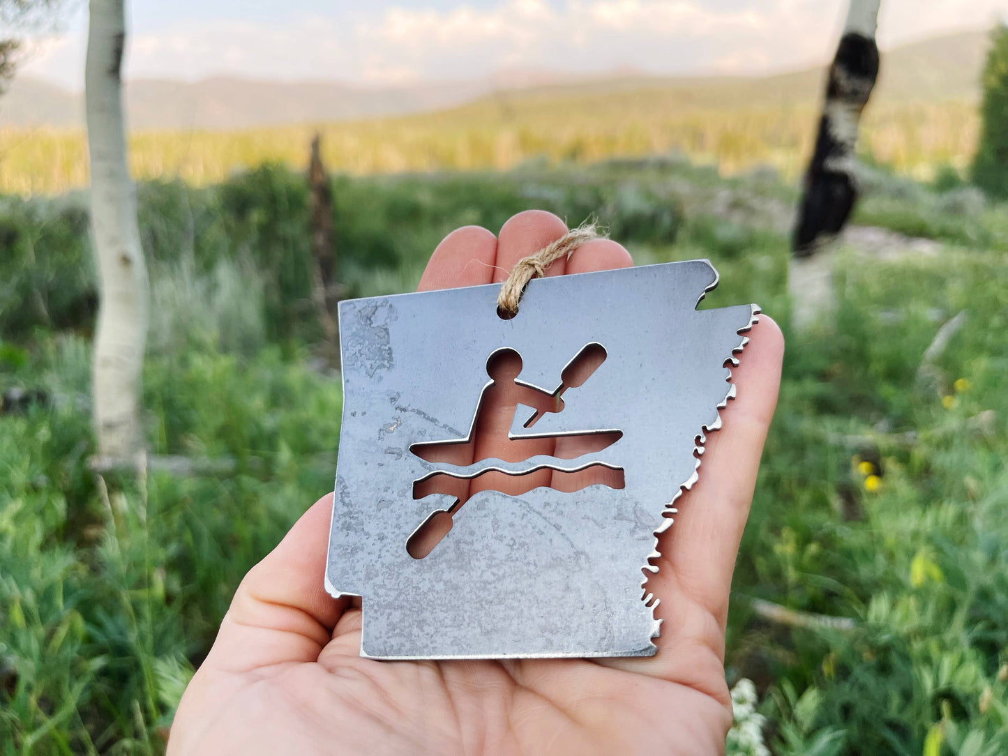 Arkansas State Kayak or Canoe Ornament made from Raw Steel