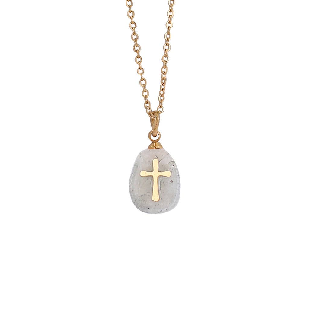 Natural Stone Stainless Steel Cross Pendant Necklace - CS