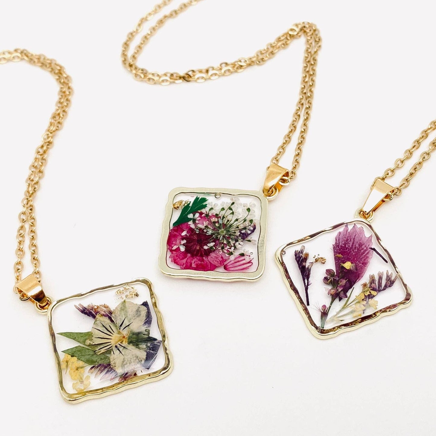 Floral Square Pendant Pressed Dried Flowers Necklace - PDF