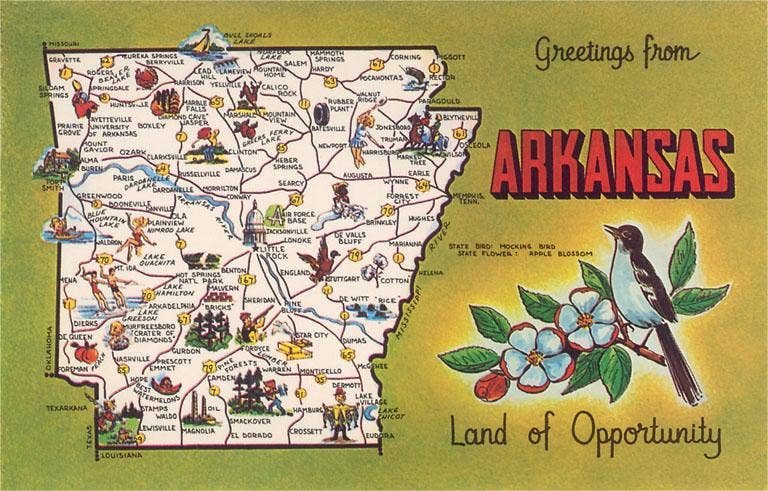 AR-153 Greeting from Arkansas Map - Vintage Image, Postcard