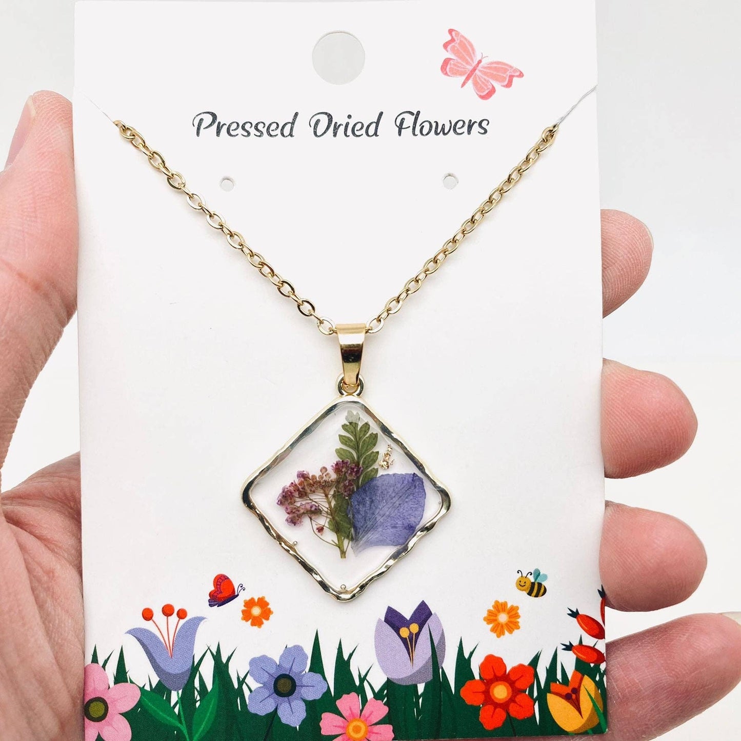 Floral Square Pendant Pressed Dried Flowers Necklace - PDF