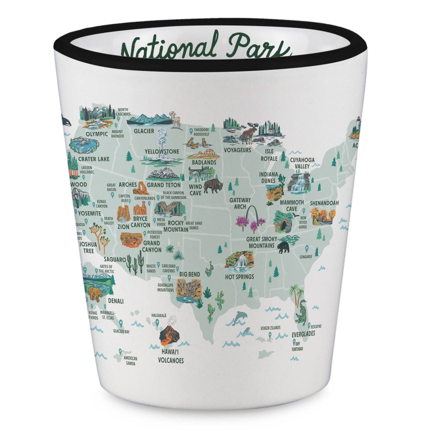 National Parks of the USA Illustrated Map Shot Glass