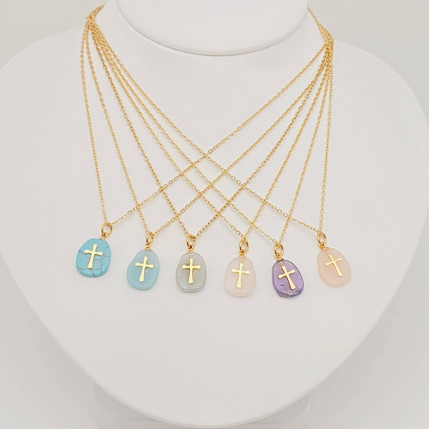 Natural Stone Stainless Steel Cross Pendant Necklace - CS