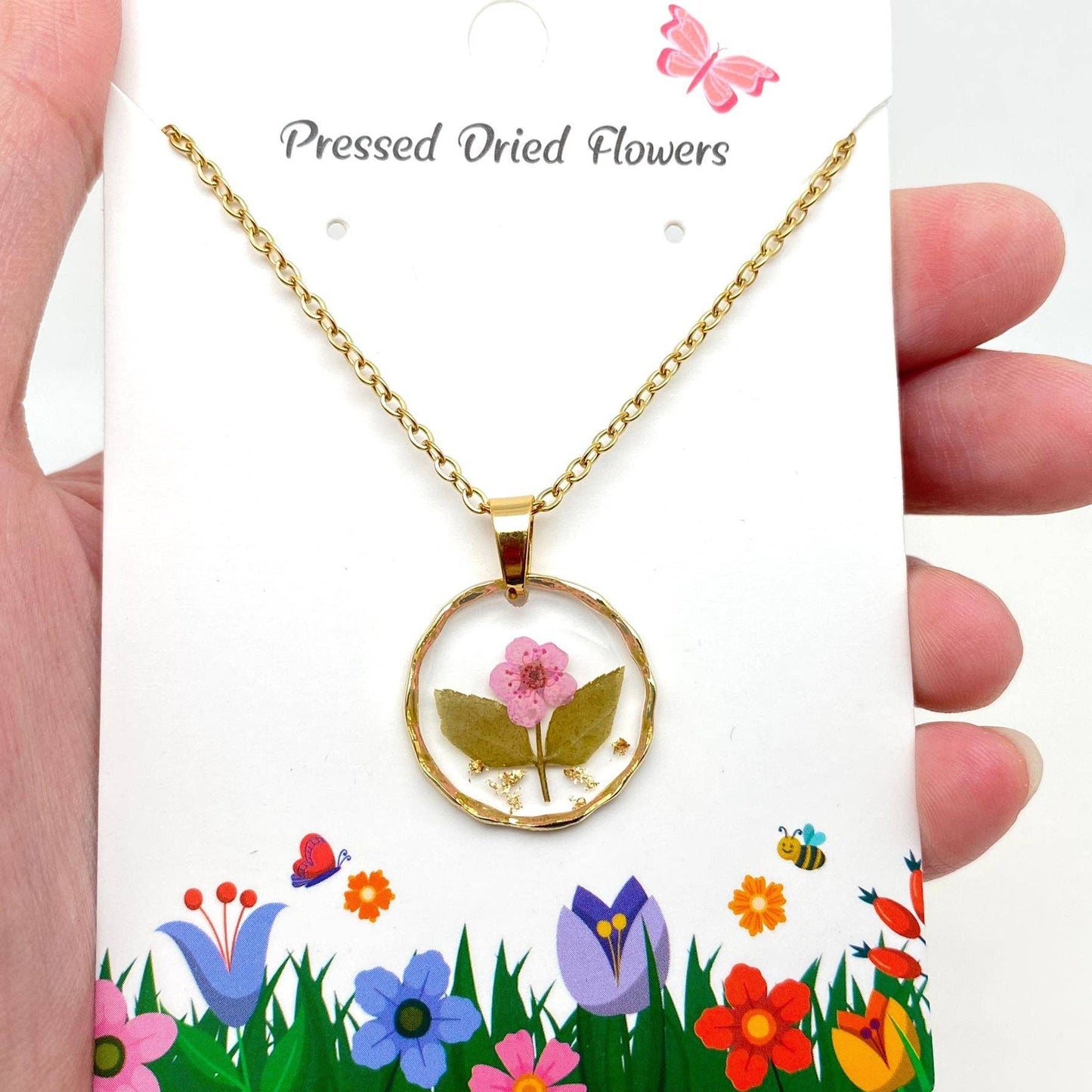 Dried Flowers Floral Irregular Round Pendant Necklace - PDF