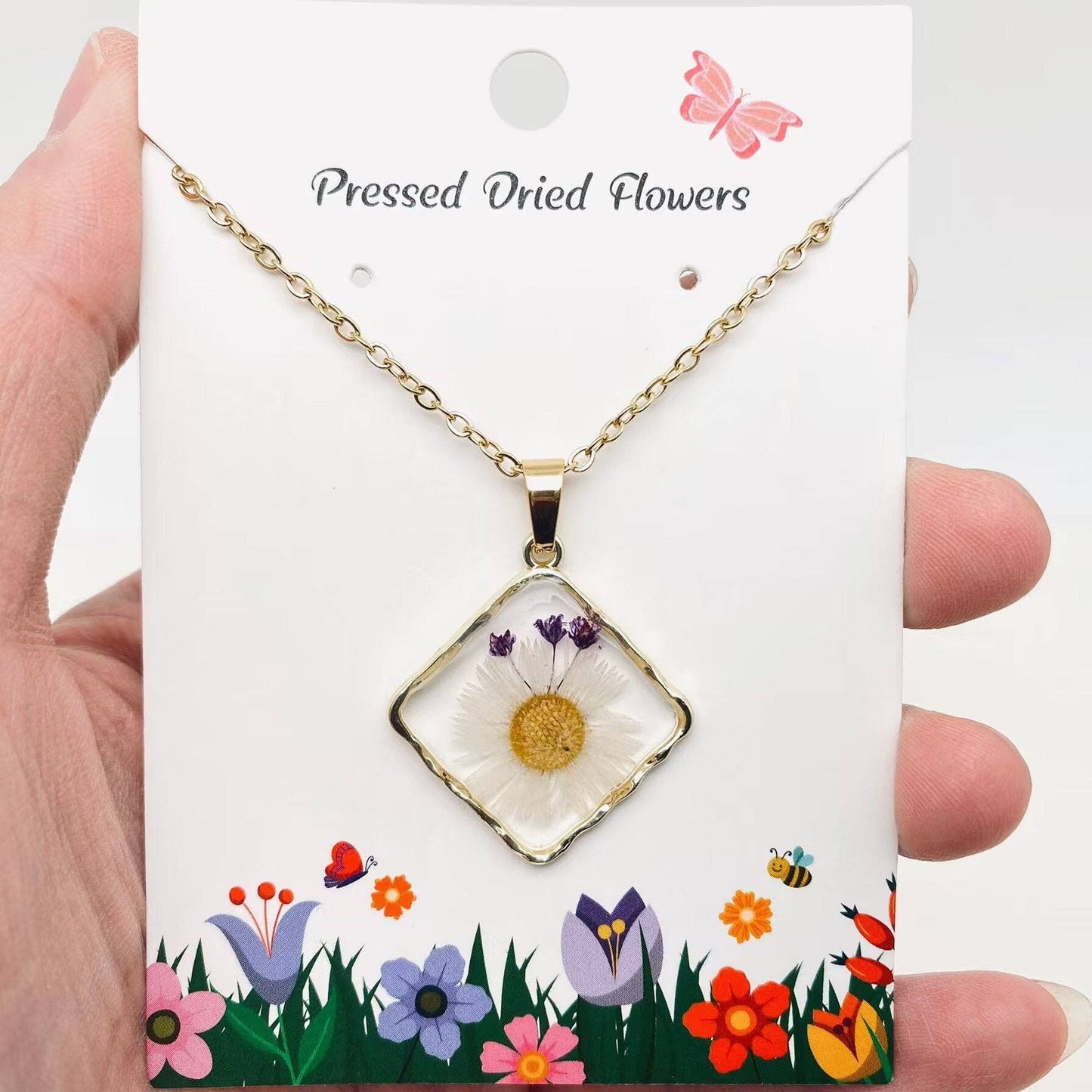 Floral Square Pendant Pressed Dried Flowers Necklace - PDF