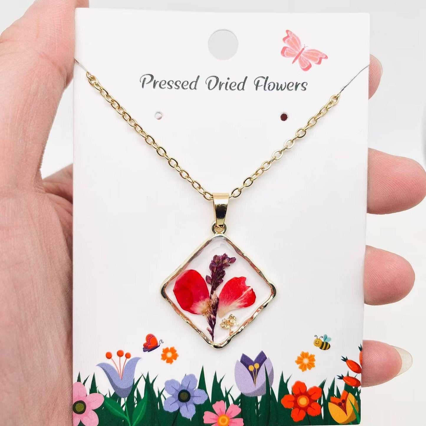 Floral Square Pendant Pressed Dried Flowers Necklace - PDF