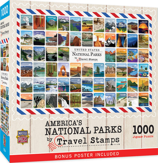 National Parks Travel Stamps Puzzle | 1000 Pieces | Includes Hot Springs National Park