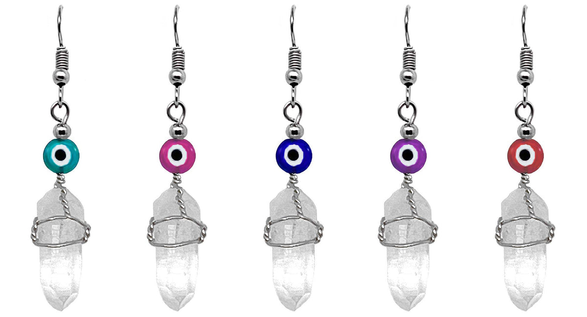 Evil Eye Bead Wire Wrapped Quartz Crystal Dangle Earrings