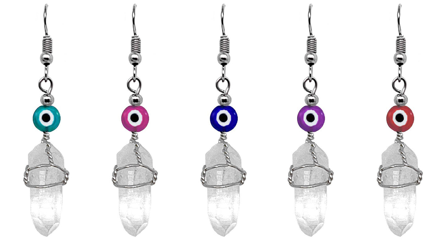 Evil Eye Bead Wire Wrapped Quartz Crystal Dangle Earrings