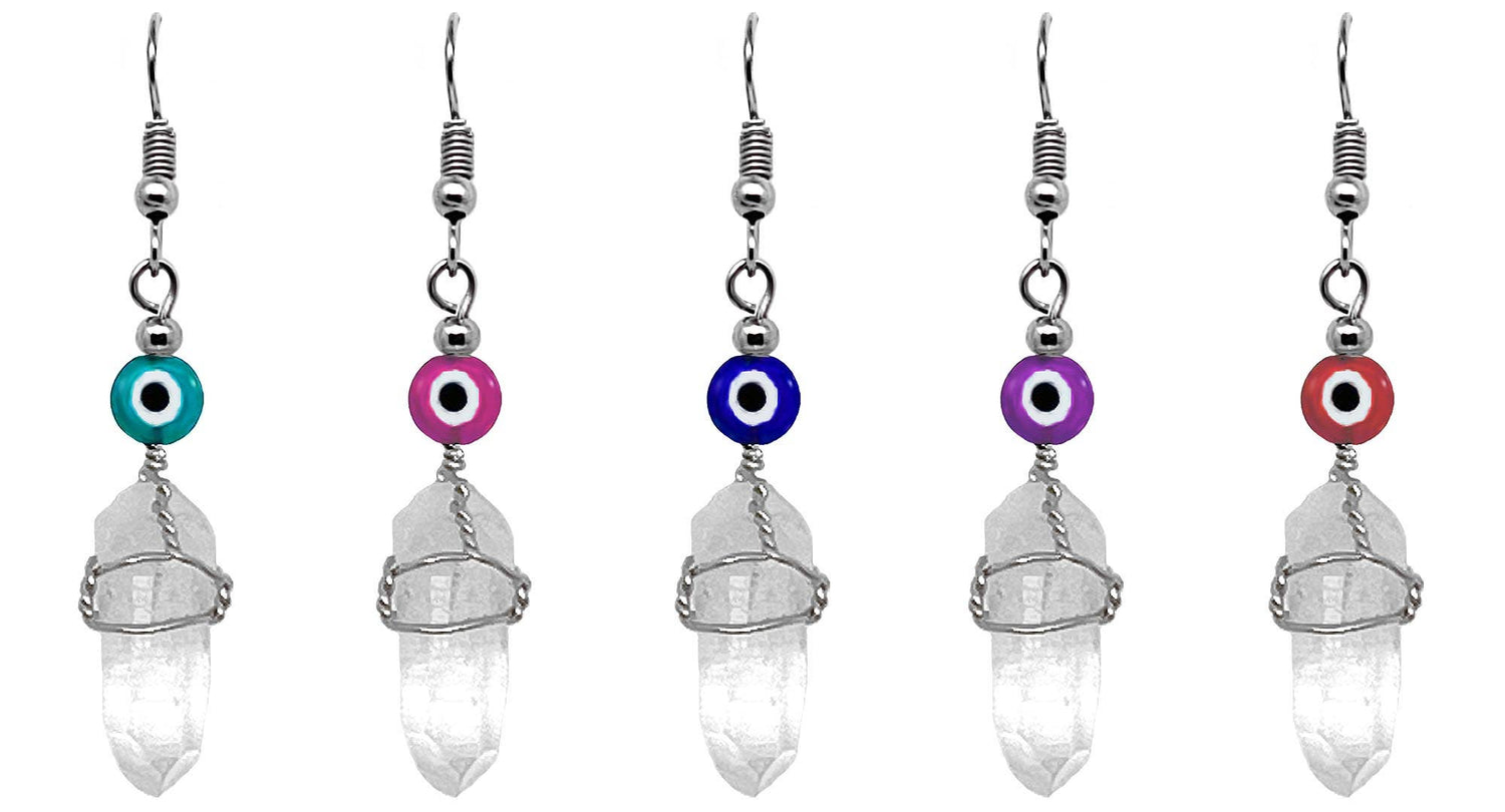 Evil Eye Bead Wire Wrapped Quartz Crystal Dangle Earrings