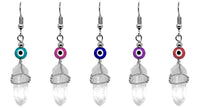 Evil Eye Bead Wire Wrapped Quartz Crystal Dangle Earrings