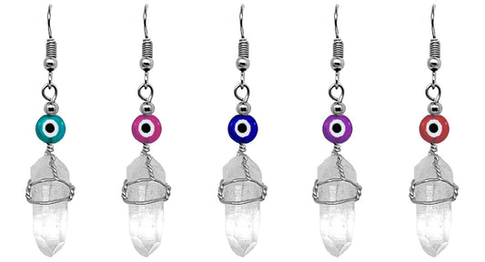 Evil Eye Bead Wire Wrapped Quartz Crystal Dangle Earrings